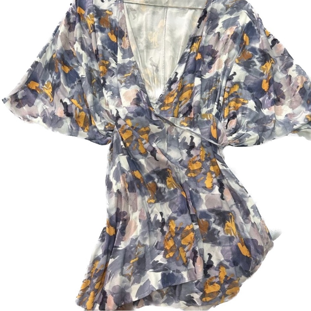 Floral Watercolor Wrap Mini Dress - Purple/Yellow - Picture 4 of 13